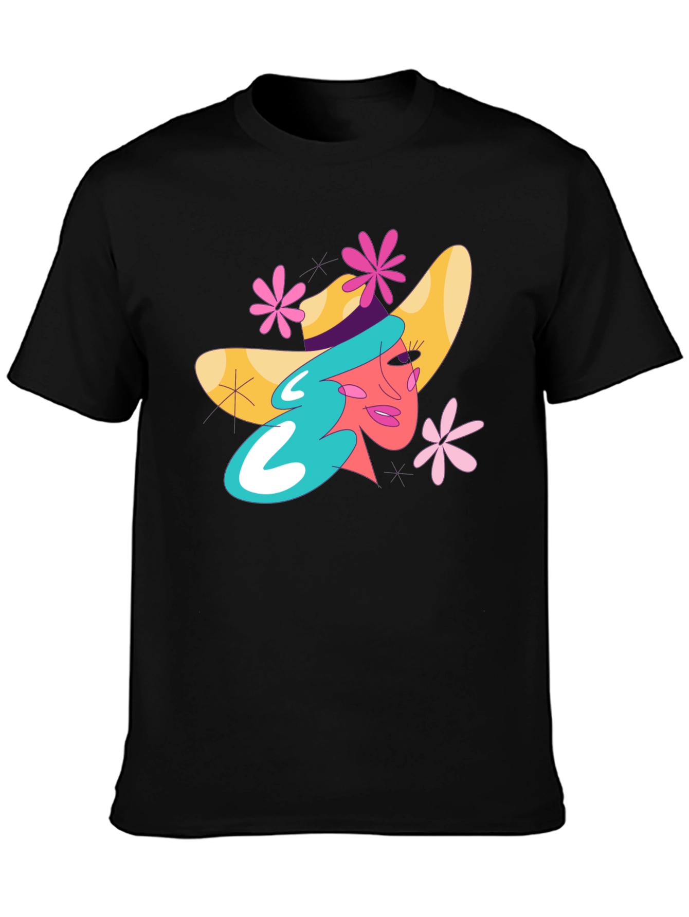 Whimsical Woman Graphic Tee - Trendy Black T-Shirt