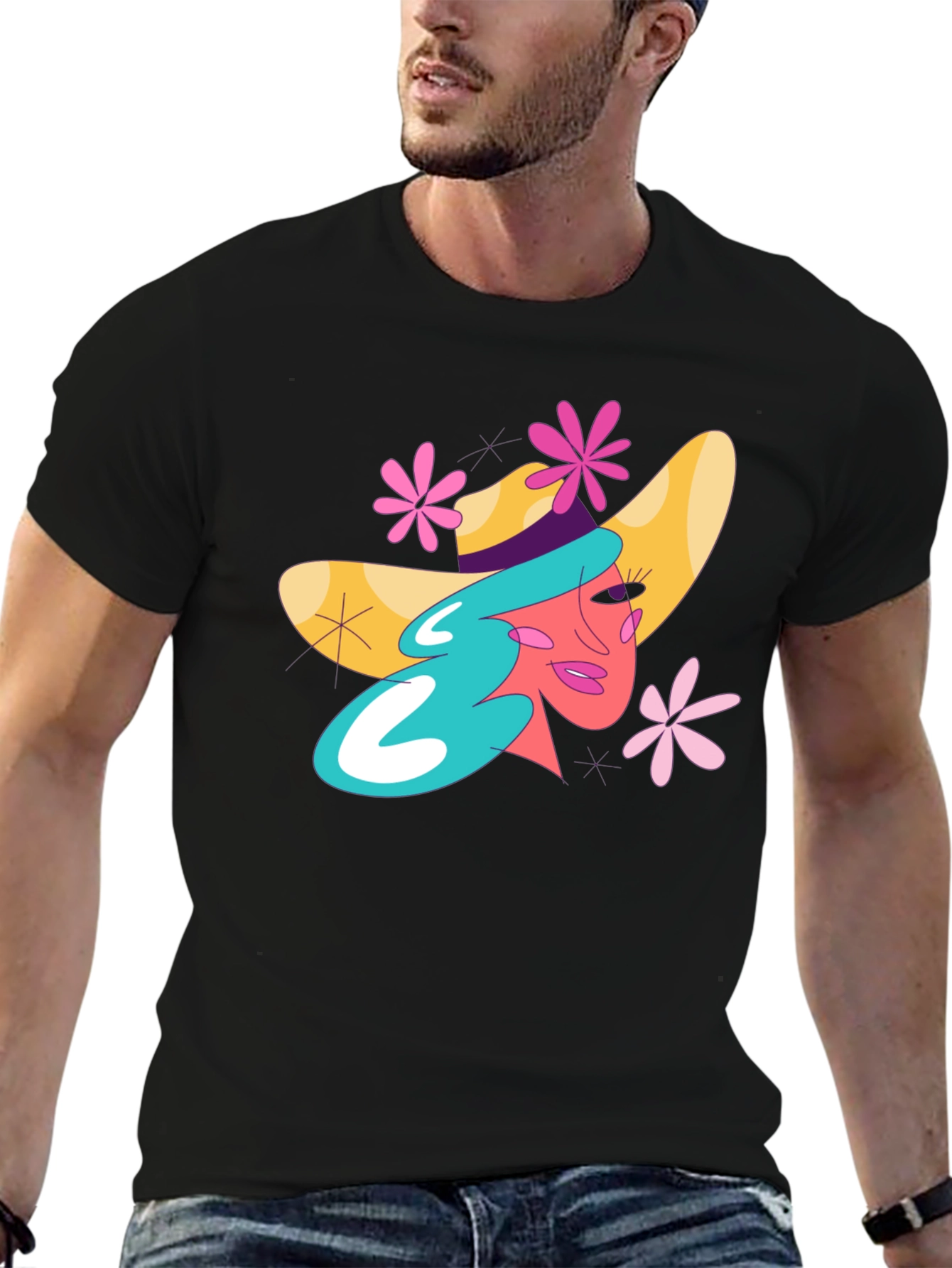 Whimsical Woman Graphic Tee - Trendy Black T-Shirt