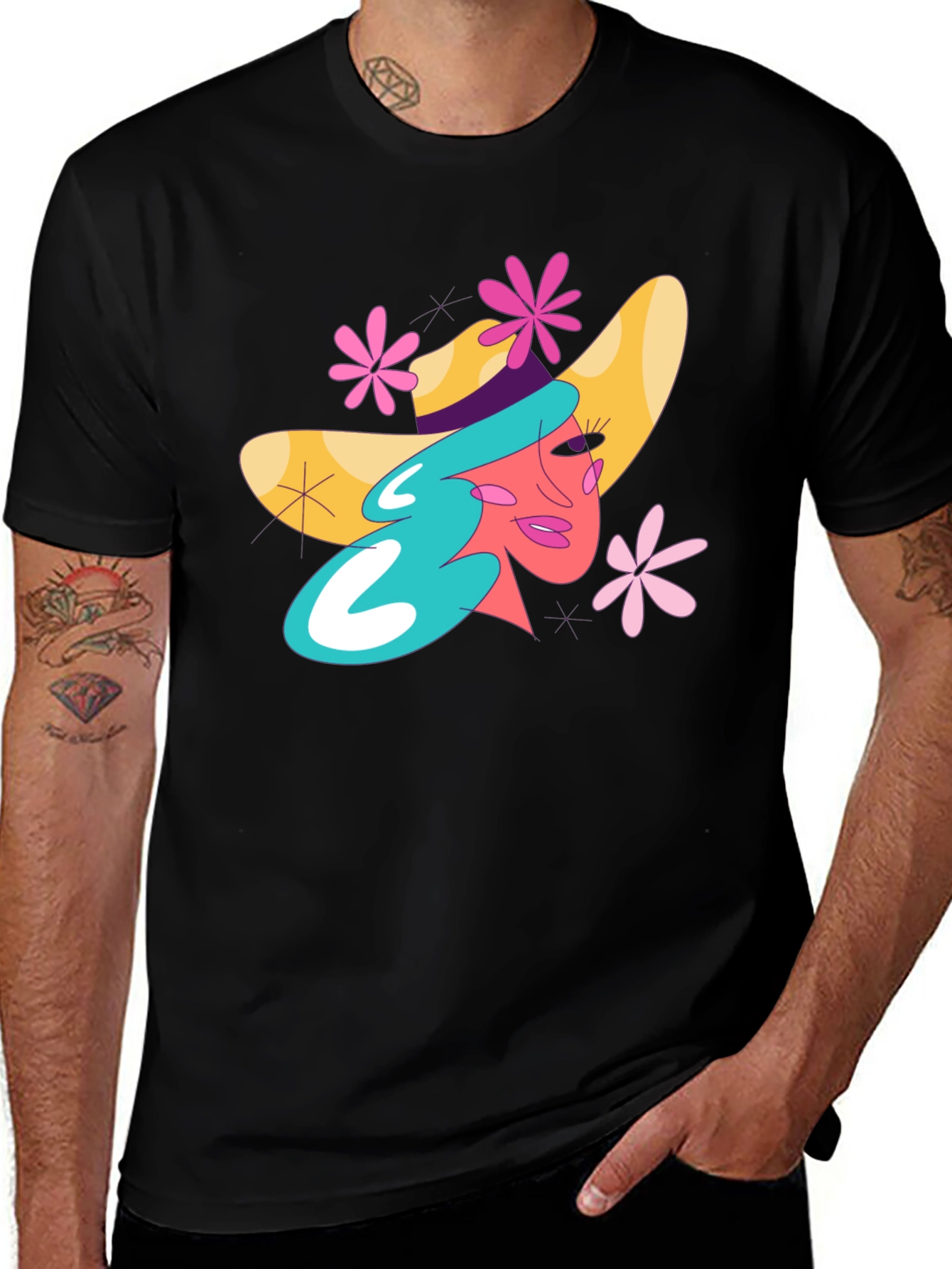 Whimsical Woman Graphic Tee - Trendy Black T-Shirt