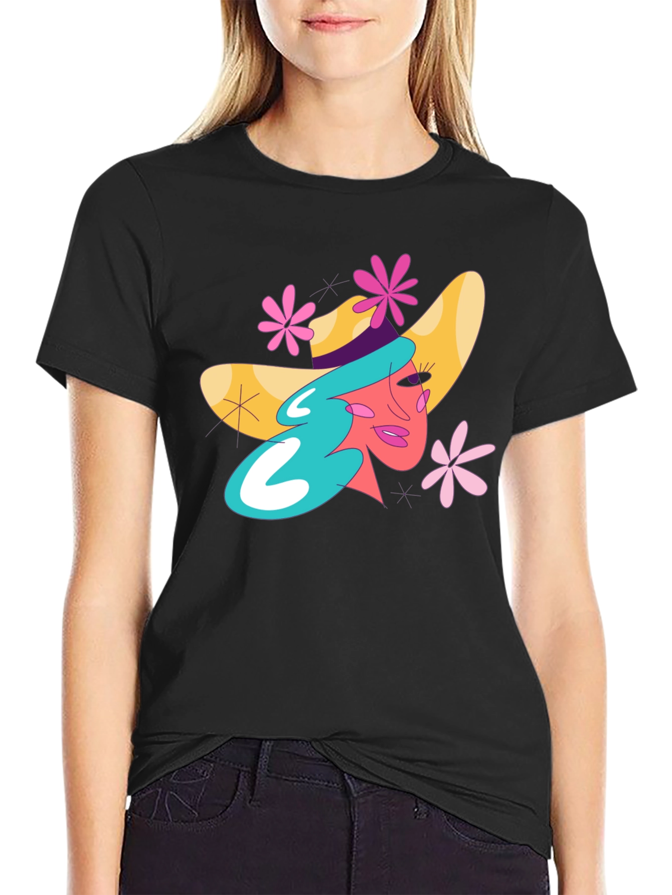 Whimsical Woman Graphic Tee - Trendy Black T-Shirt