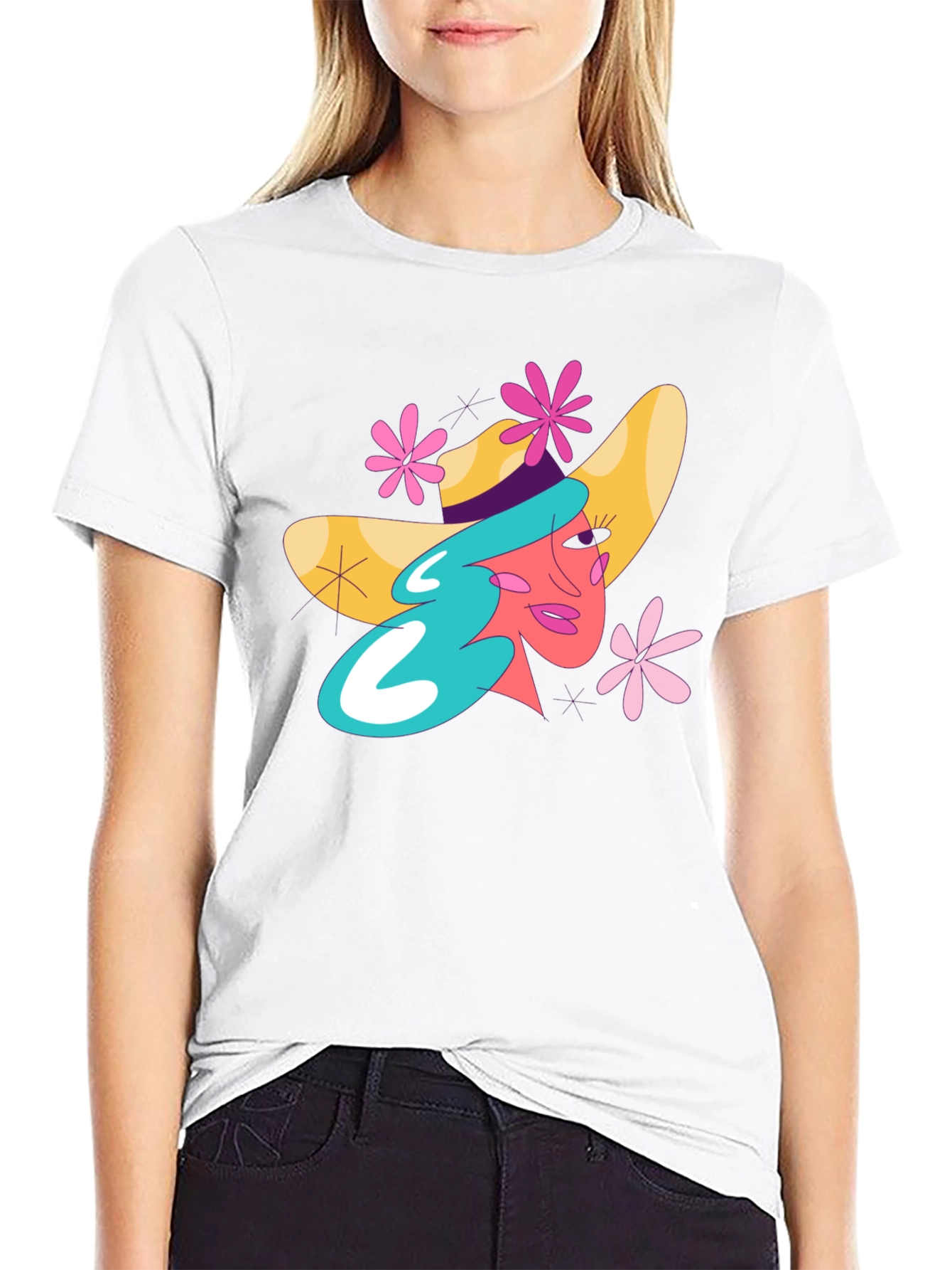 Whimsical Woman Graphic Tee - Trendy Black T-Shirt