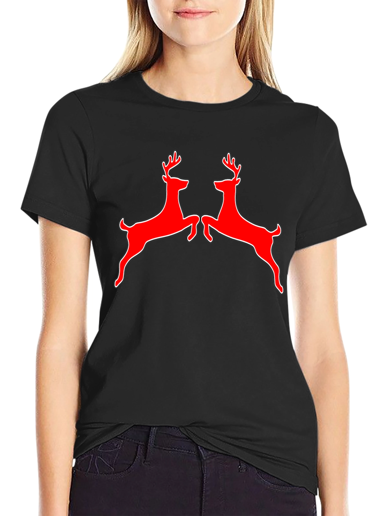 Red Deer Graphic Tee - Black Cotton Shirt