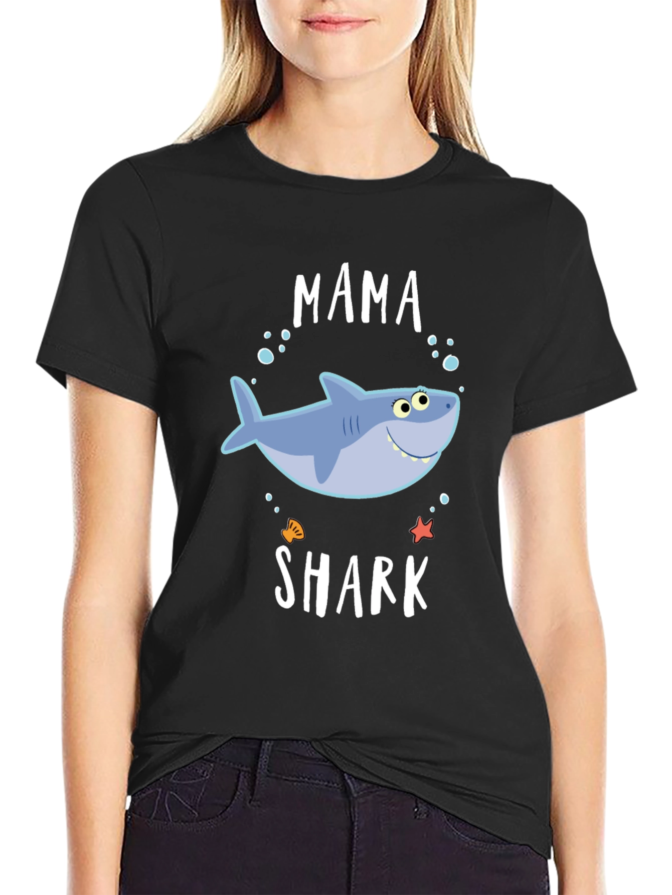 Mama Shark Graphic Tee - Black Cotton Blend T-Shirt
