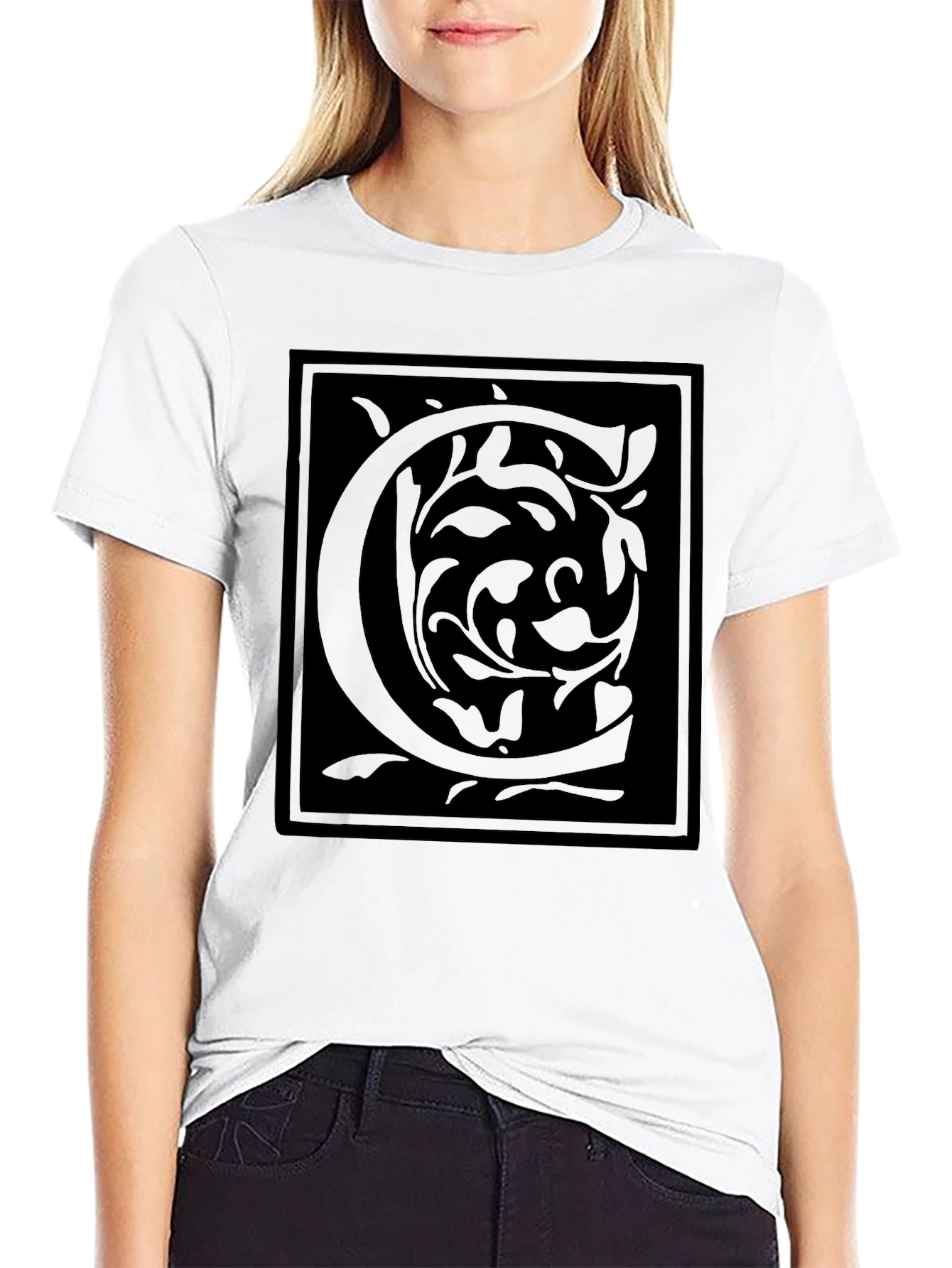 Floral Initial C Black Graphic Tee