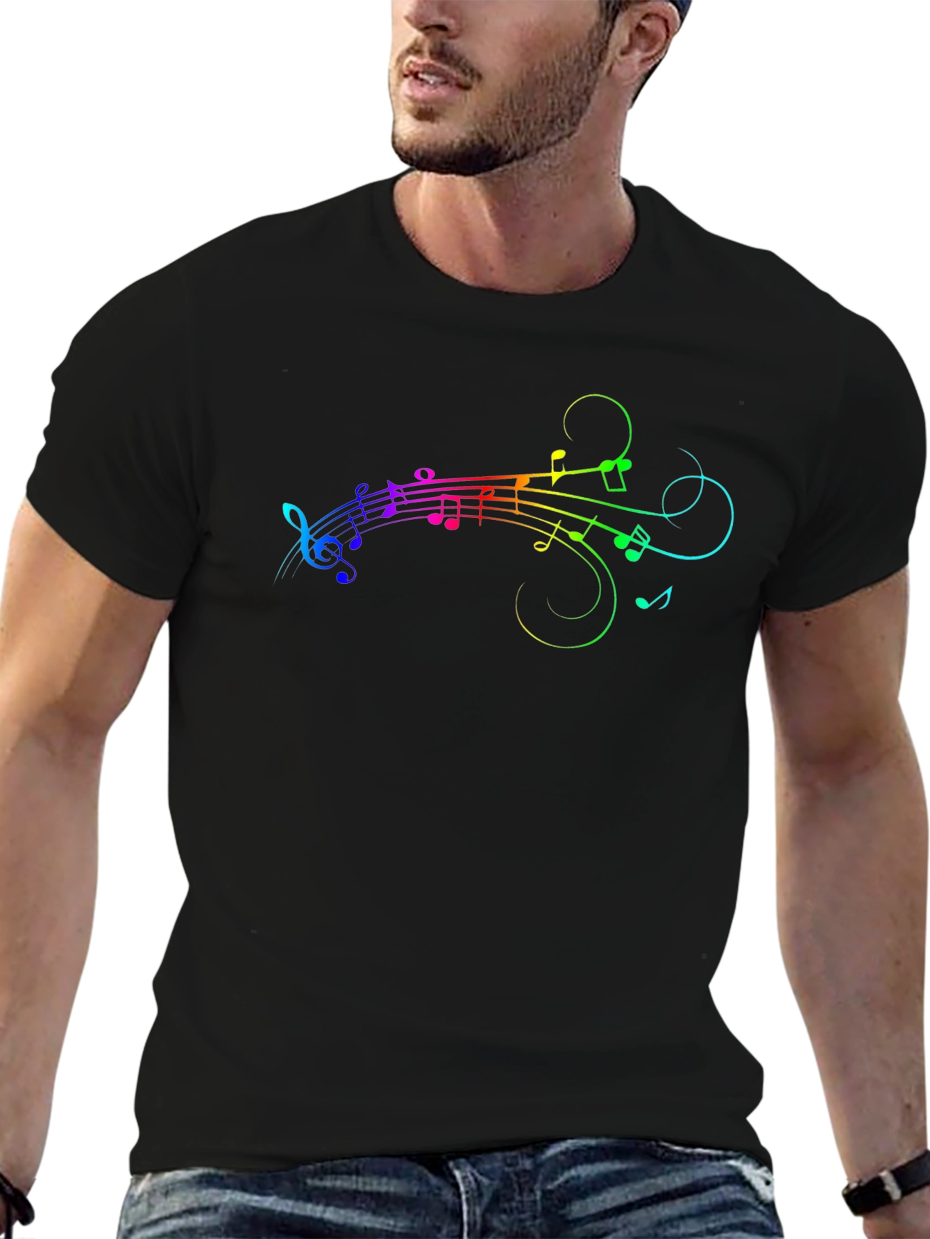 Rainbow Music Notes Graphic Black T-Shirt