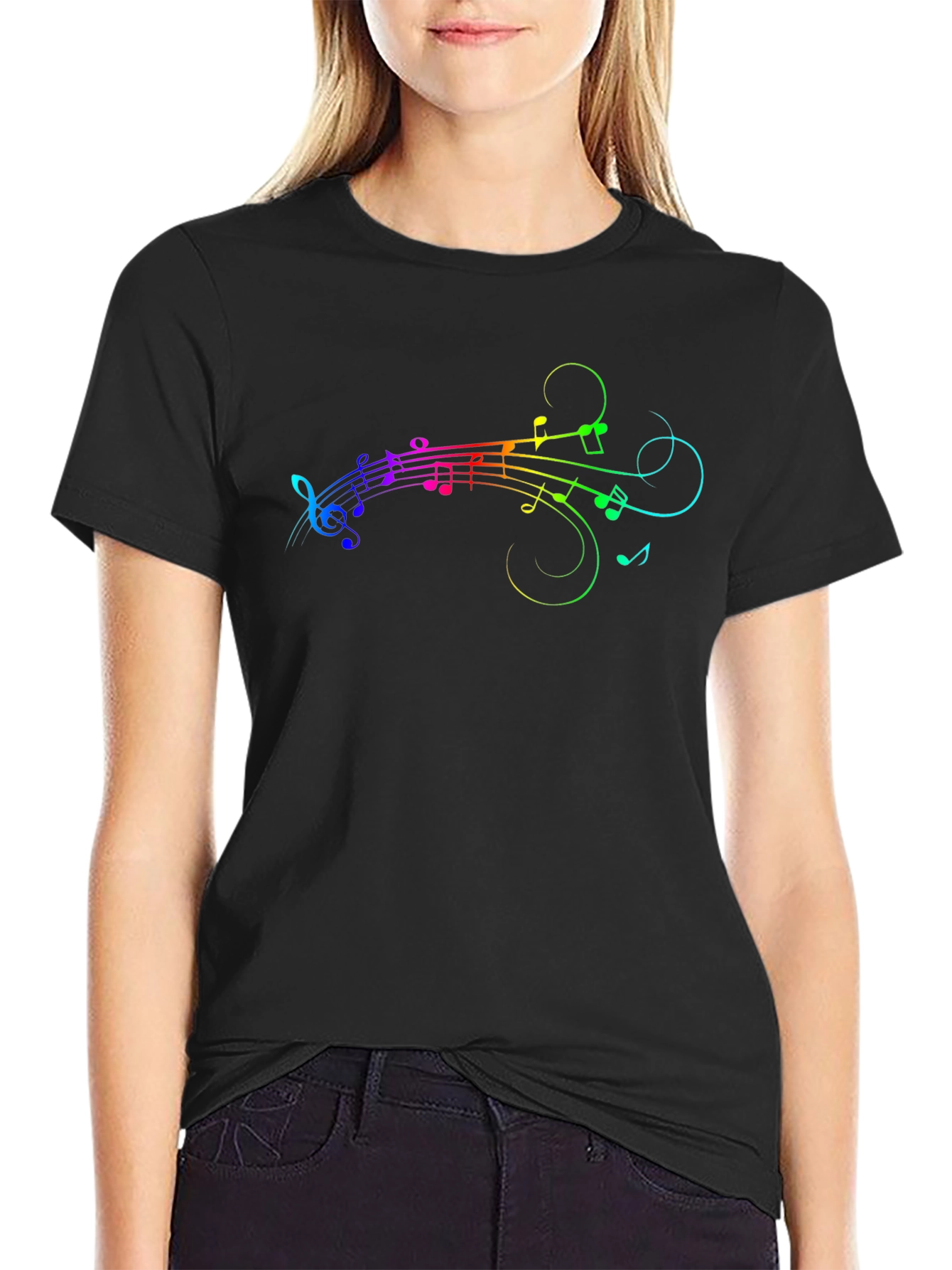 Rainbow Music Notes Graphic Black T-Shirt