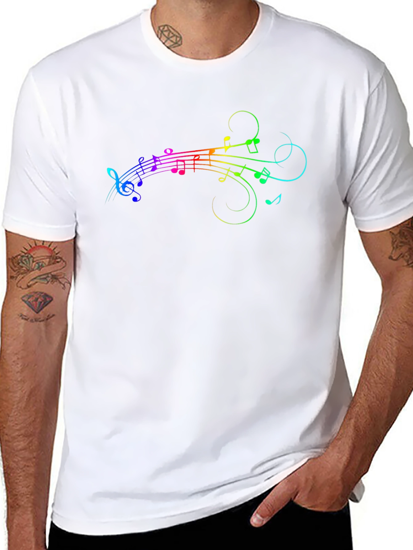 Rainbow Music Notes Graphic Black T-Shirt