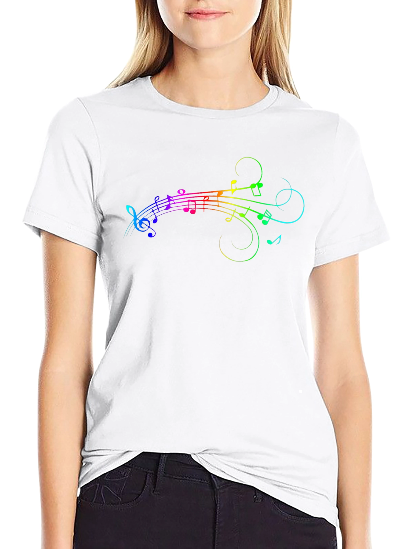 Rainbow Music Notes Graphic Black T-Shirt