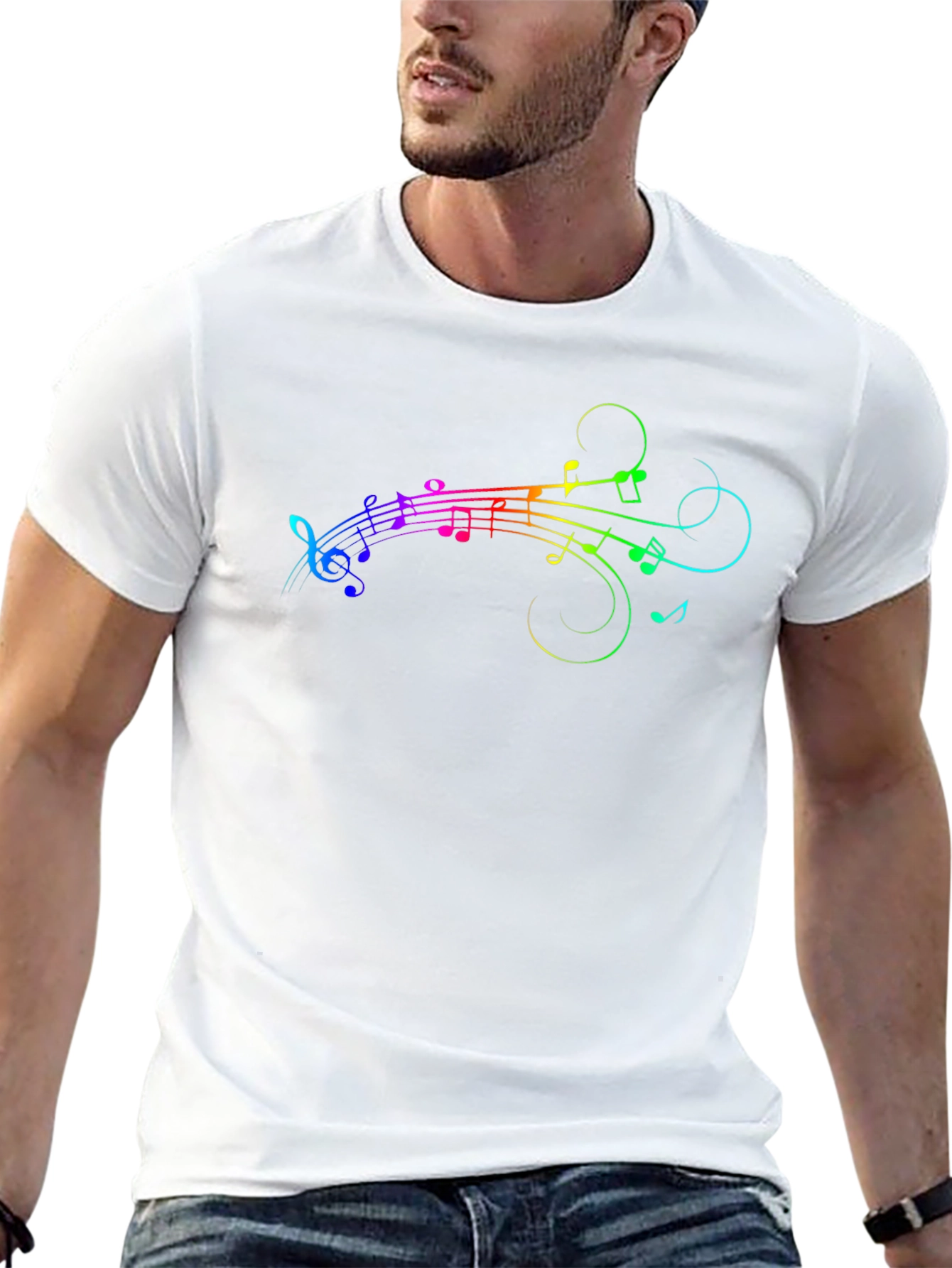 Rainbow Music Notes Graphic Black T-Shirt