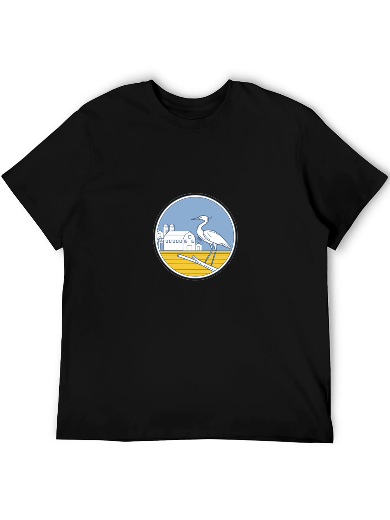 Black T-Shirt with Heron Farm Design
