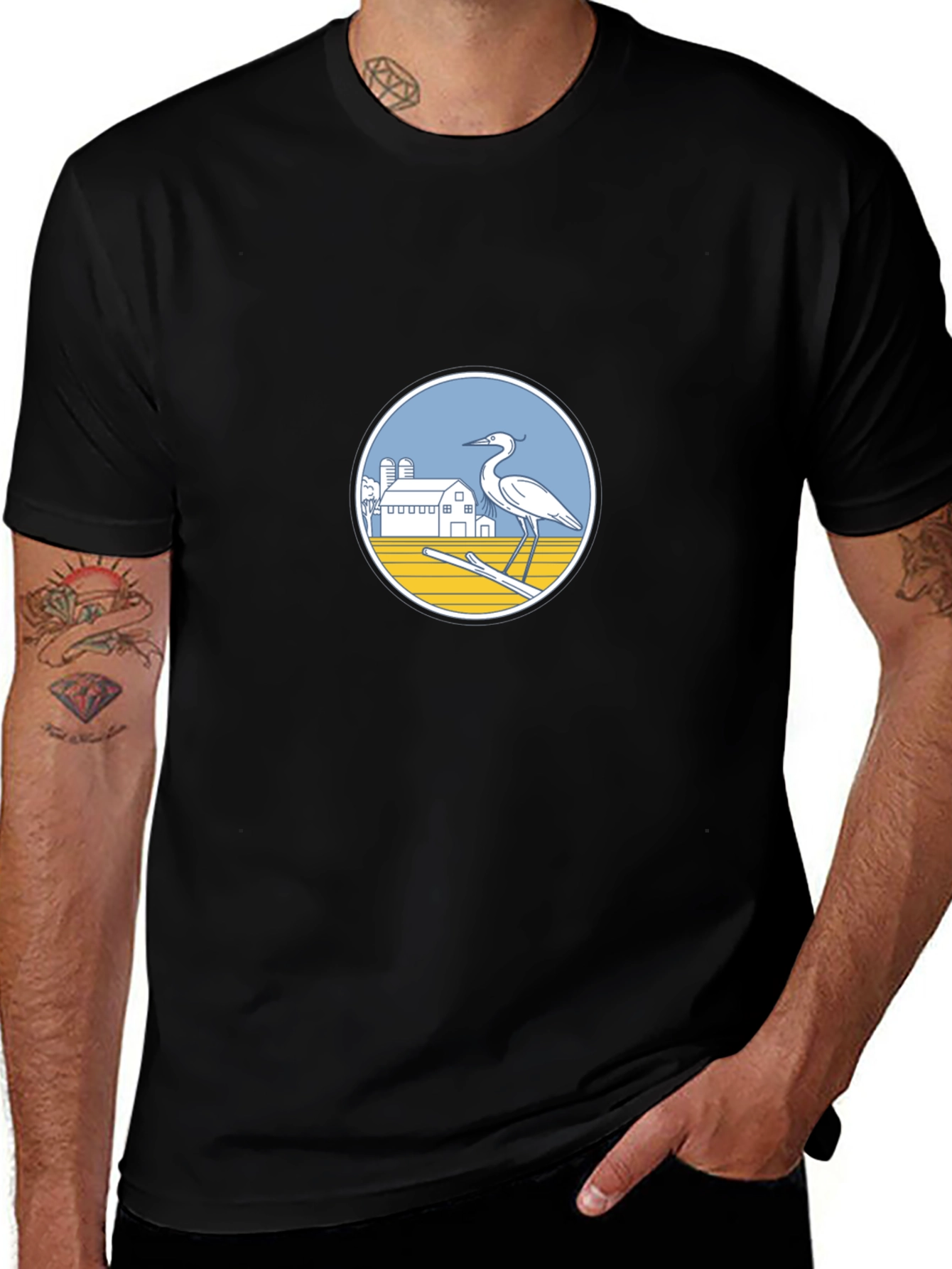Black T-Shirt with Heron Farm Design