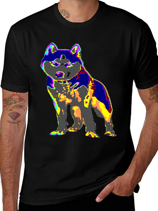 Colorful Dog Graphic Tee - Casual Black T-Shirt