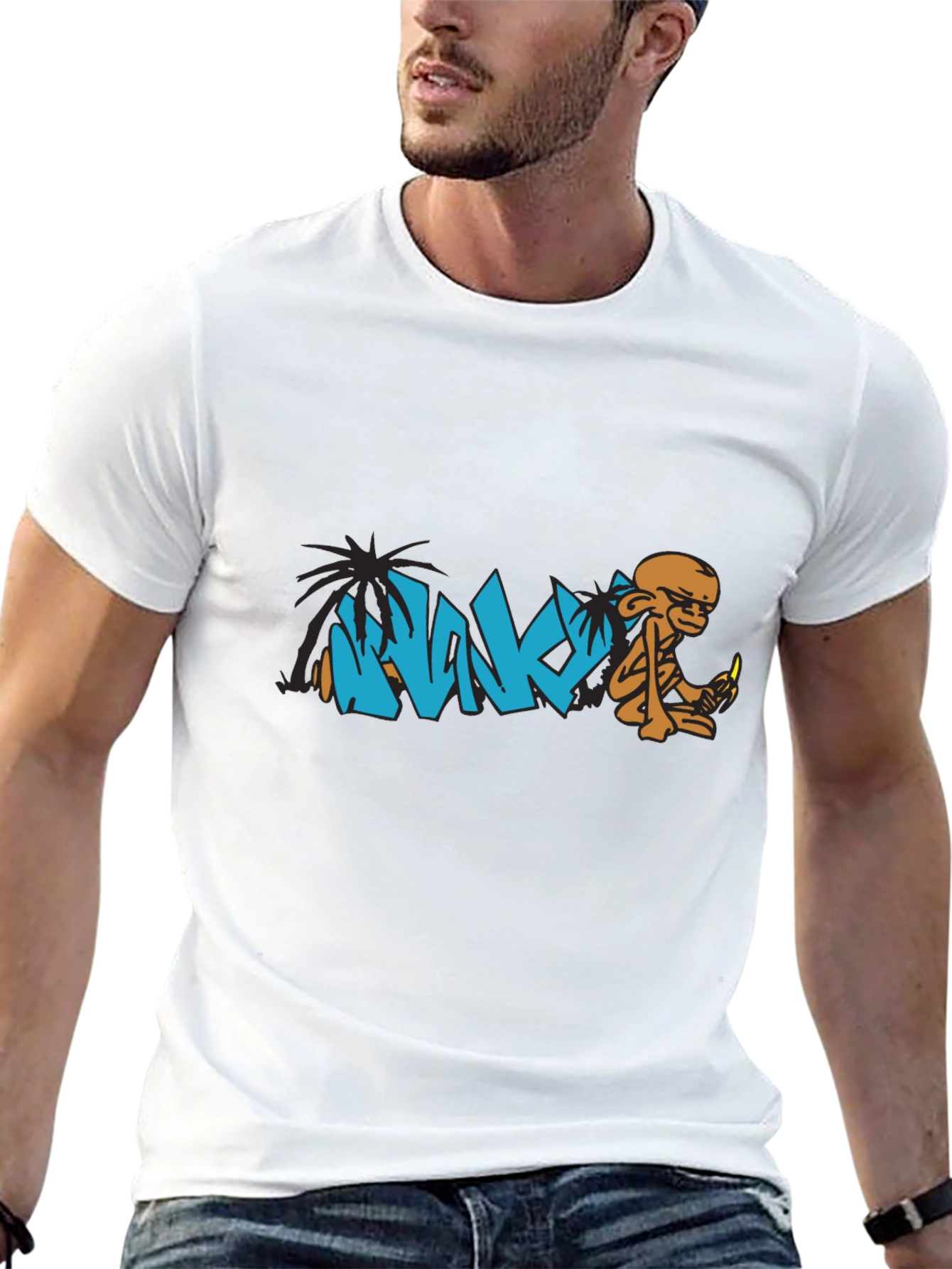 Graphic Tee: Monk & Palm Tree Cartoon Design