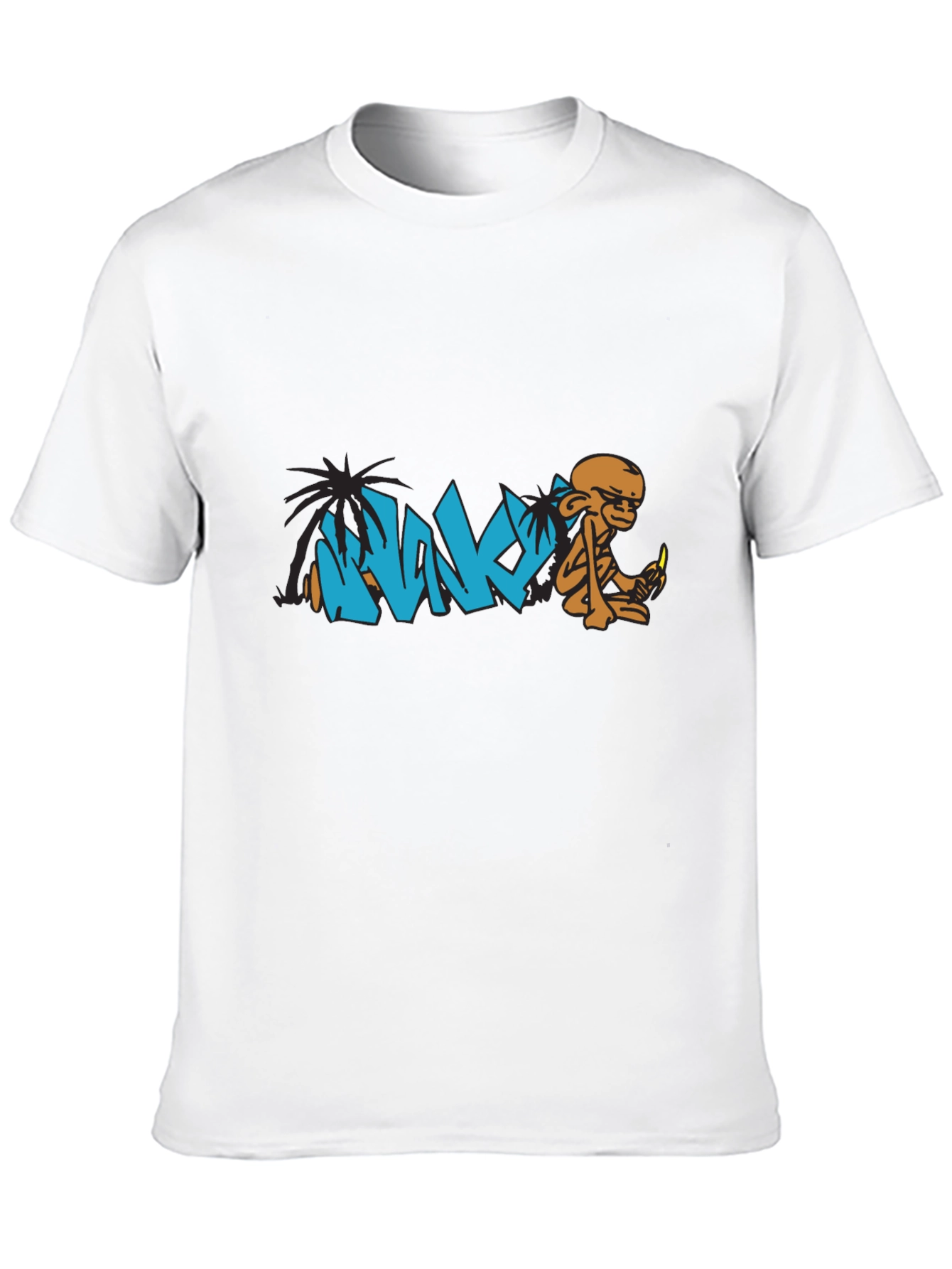 Graphic Tee: Monk & Palm Tree Cartoon Design