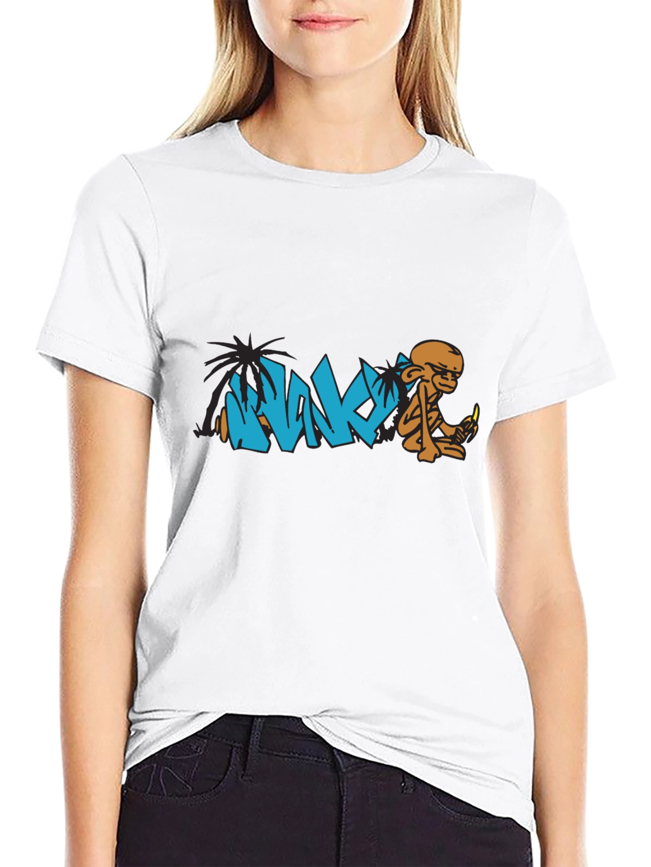 Graphic Tee: Monk & Palm Tree Cartoon Design