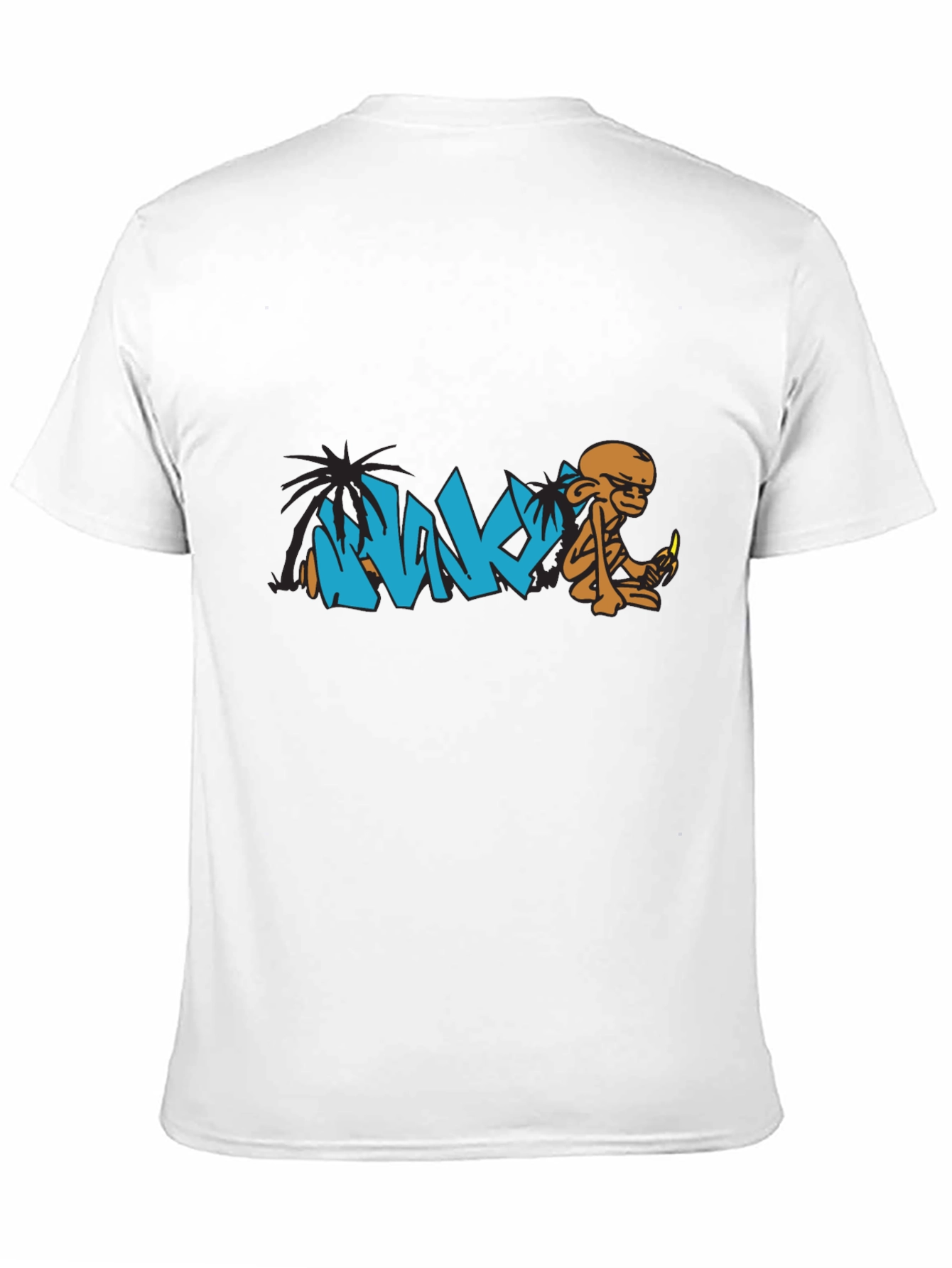 Graphic Tee: Monk & Palm Tree Cartoon Design