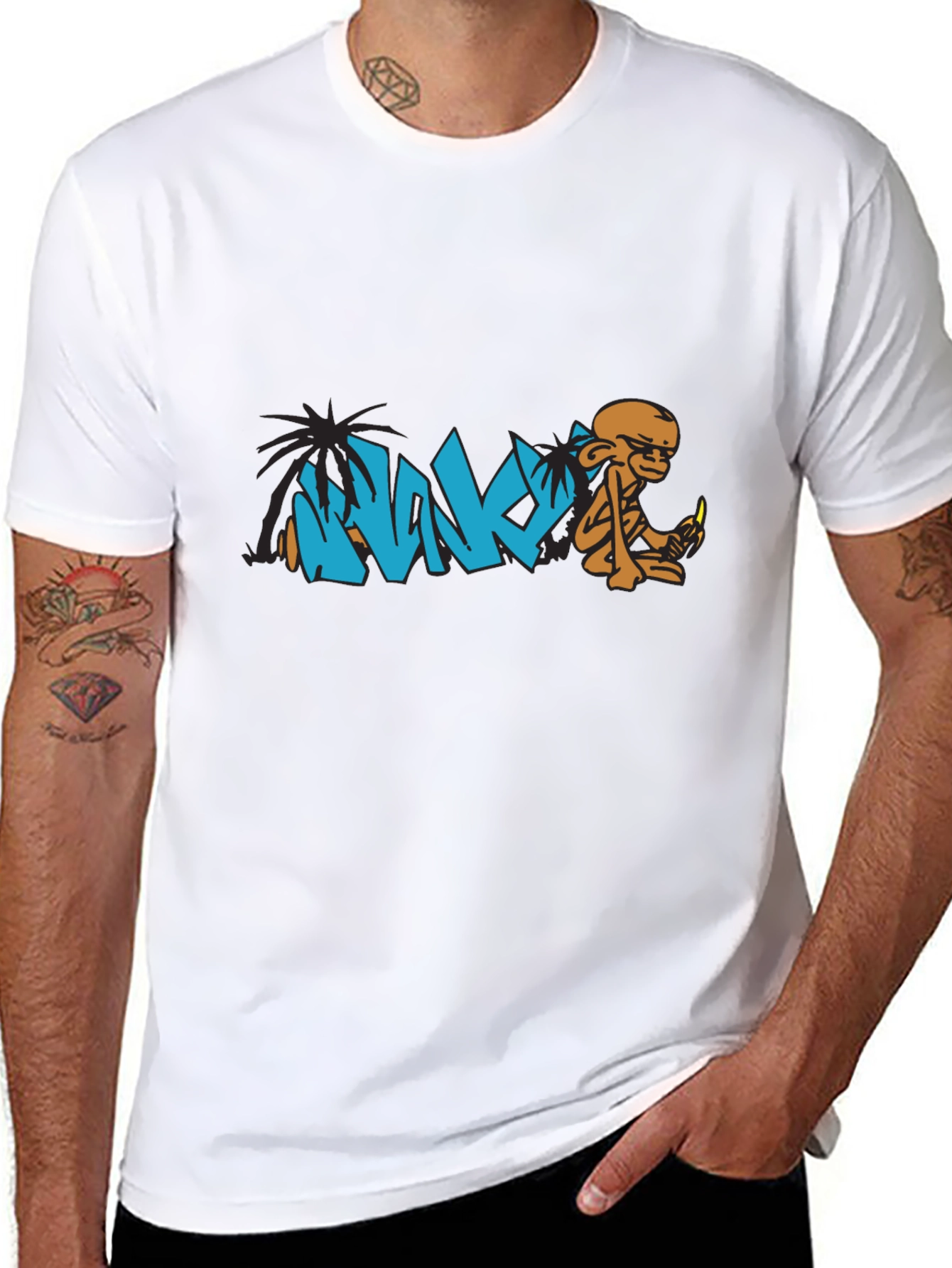 Graphic Tee: Monk & Palm Tree Cartoon Design