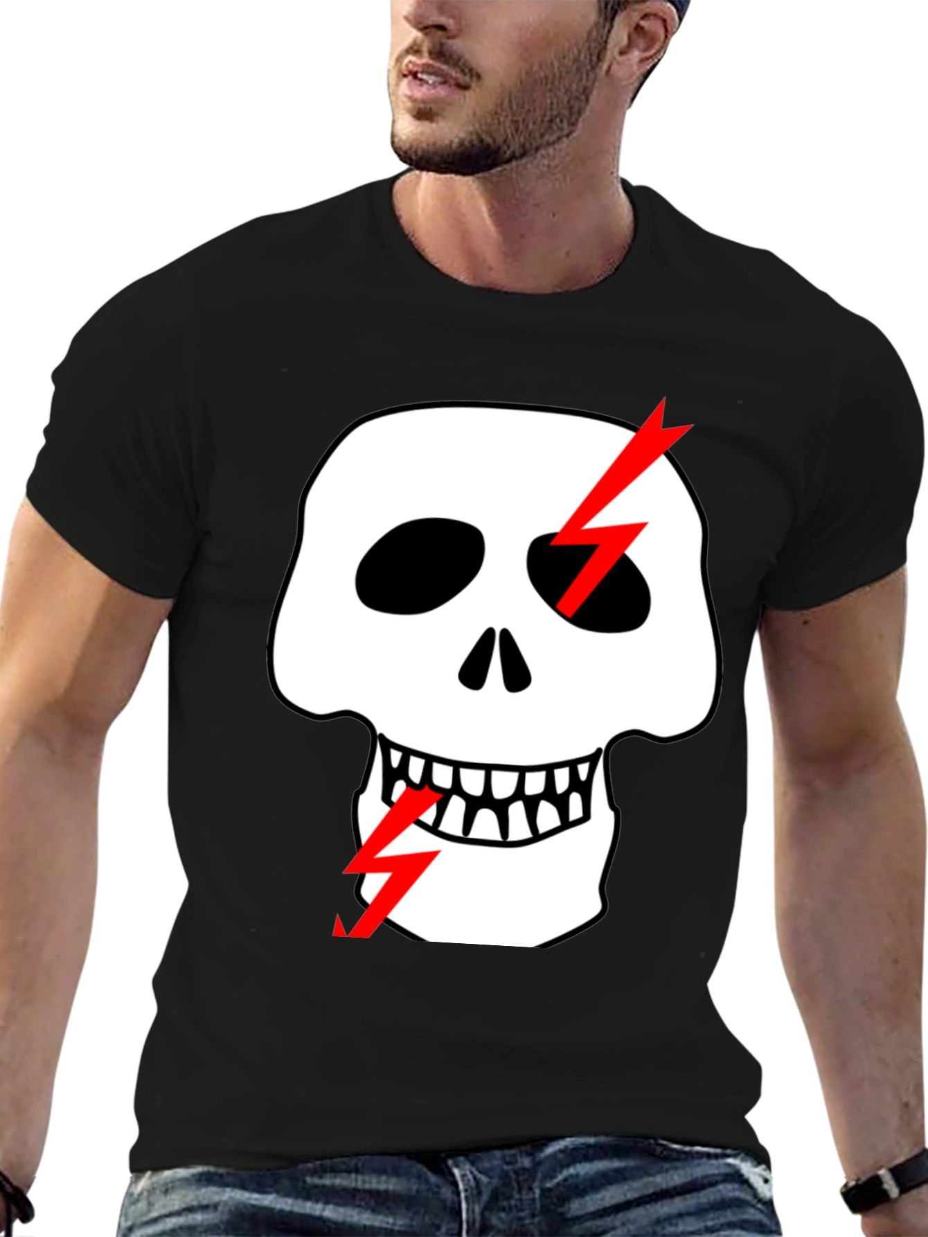 Skull & Lightning Bolt Graphic Black T-Shirt