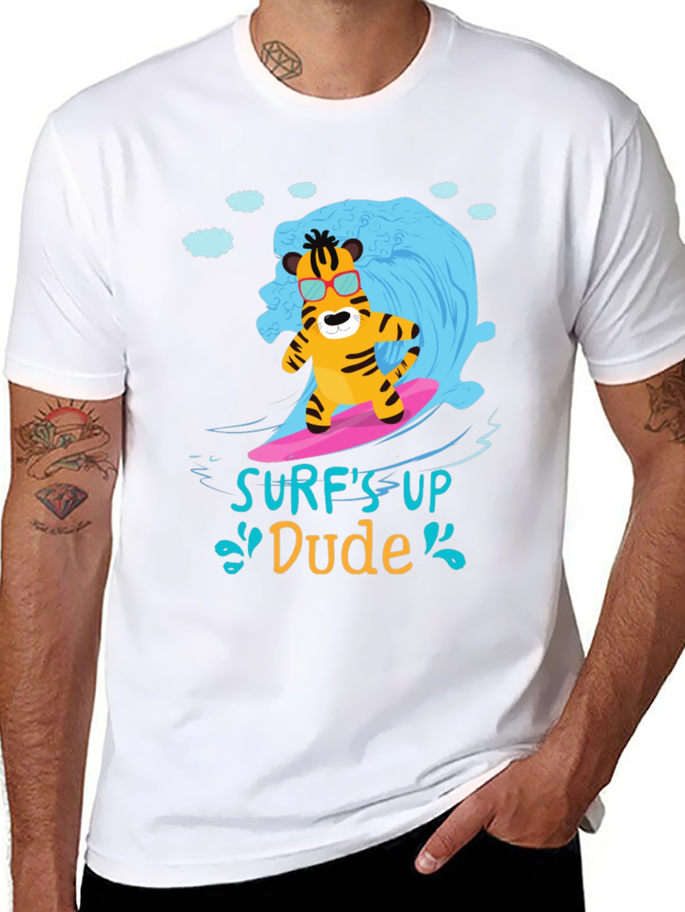 Surfs Up Dude T-Shirt - Cool Tiger Design