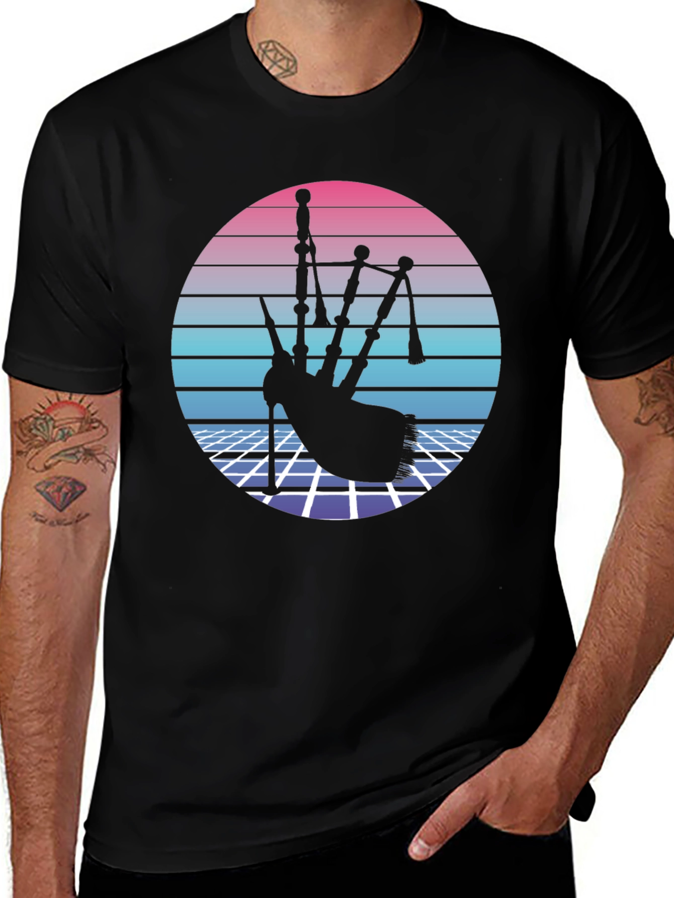 Retro Bagpipe Graphic Tee - Synthwave Design