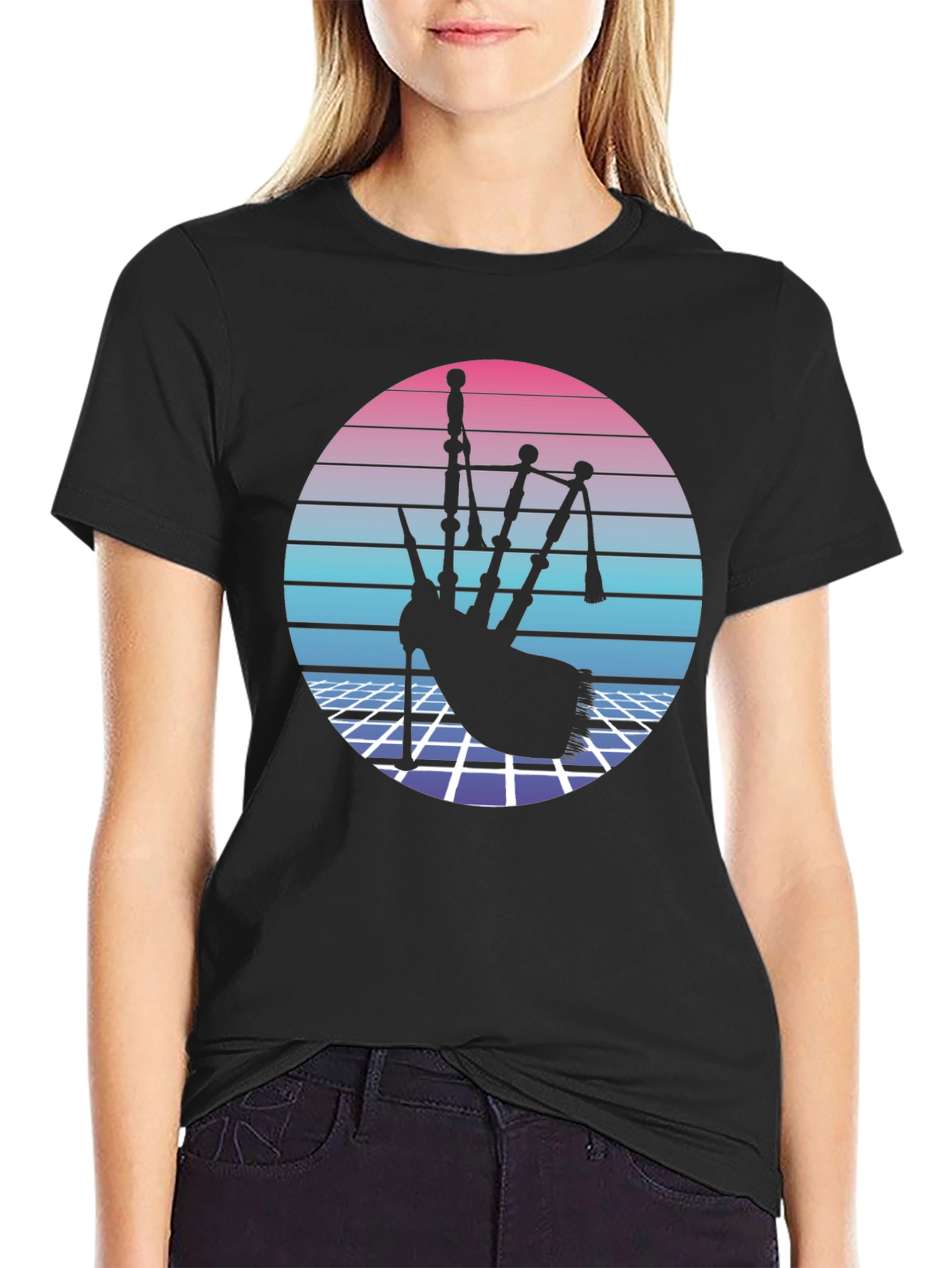 Retro Bagpipe Graphic Tee - Synthwave Design