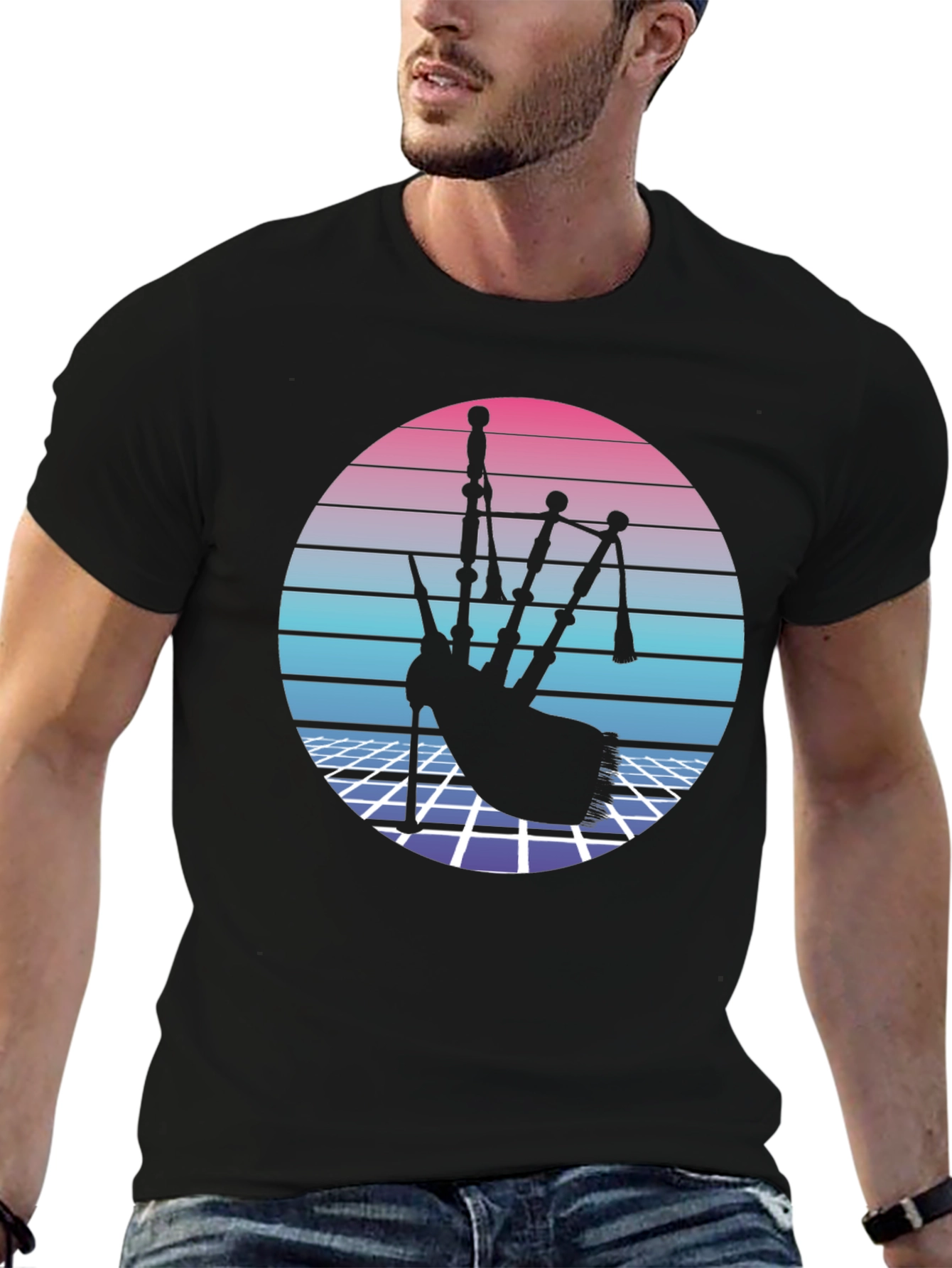 Retro Bagpipe Graphic Tee - Synthwave Design